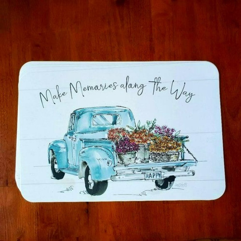 Plastic Placemats Set of 4 "Make Memories Along the Way" Truck with Flowers